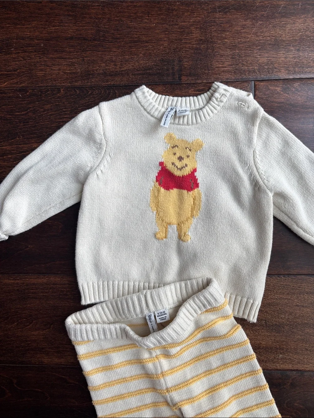 Janie and Jack Cream Knit Set with Yellow & Red Winnie-the-Pooh